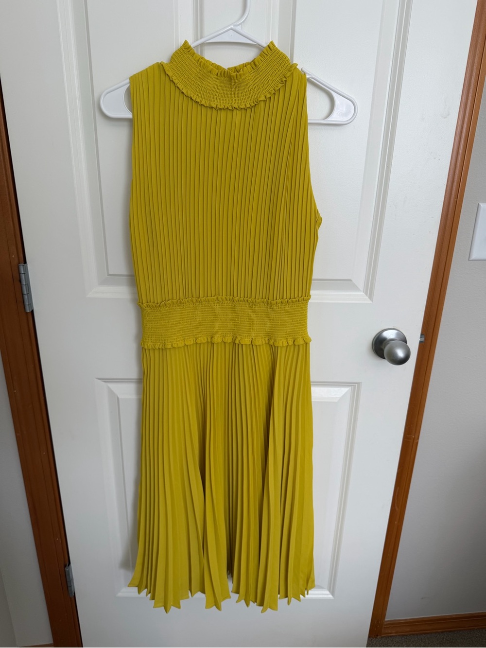 Nanette Lepore Mustard Pleated Midi Dress with Smocked Waist